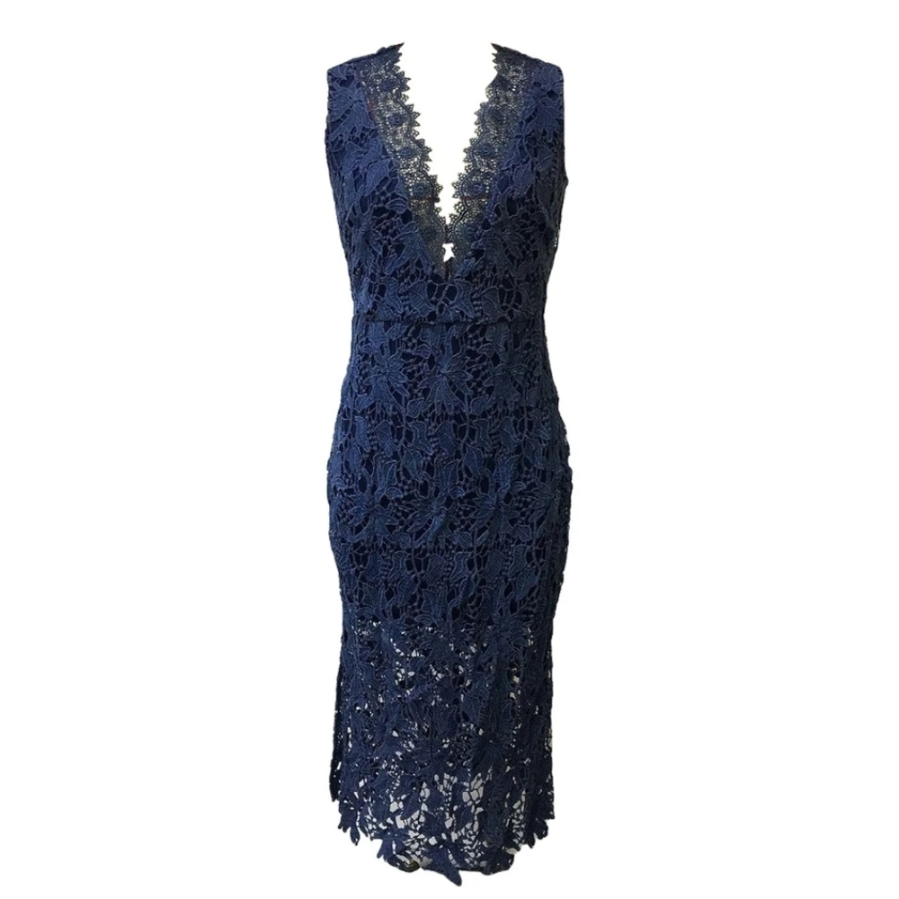 Elegant Navy Lace Sleeveless Dress Medium